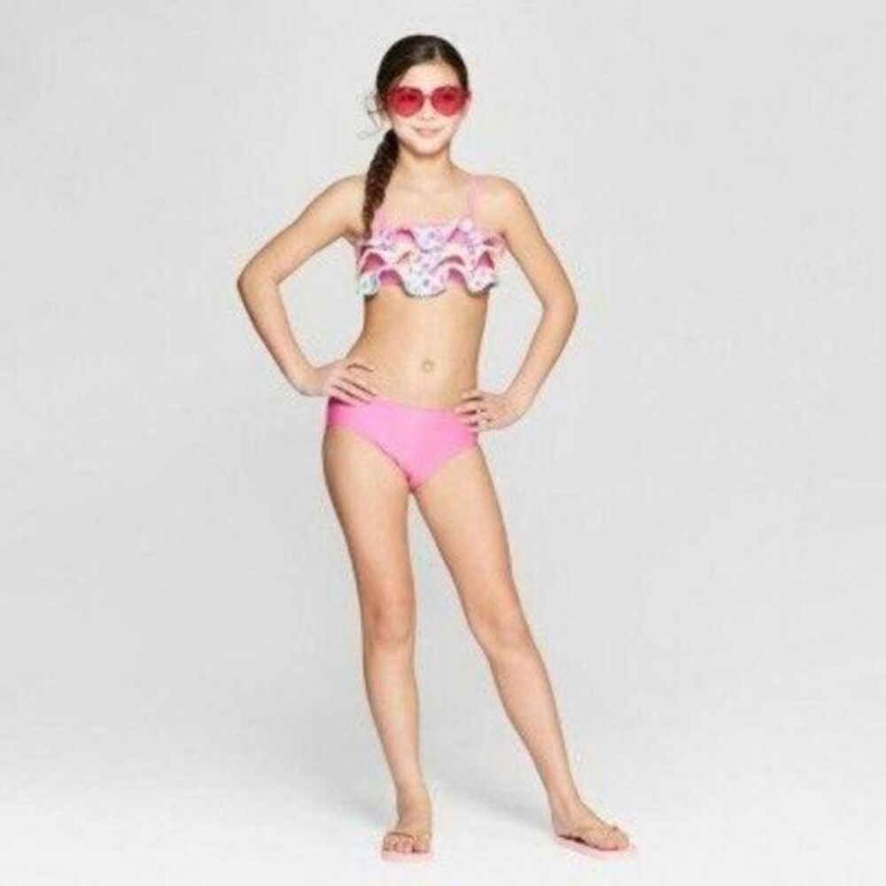 Cat And Jack Bikini Girls 10 12 Rainbow Dot Bathing Suit Swim UPF 50 Two Piece
